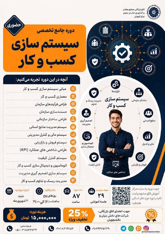 کانال اطلاع رسانی اتحادیه صادرکنندگان خدمات فنی و مهندسی خراسان رضوی: 🔶🔶 دوره جامع تخصصی سیستمسازی کسبوکار📃 سرفصلها:🔵مبانی سیستمسازی کسبوکار🔵معماری کسبوکار🔵طراحی فرآیندهای سازمان🔵مستند