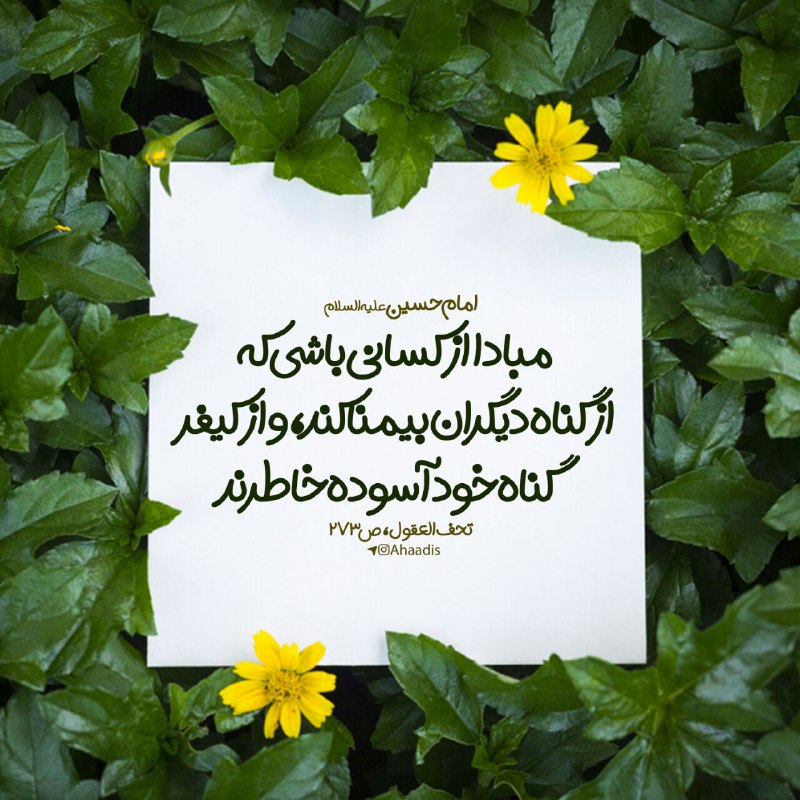 🌷در جستجوی شهدا 🌷: 💗 #امام_حسين علیه السلام:🍃مبادا از كسانى باشى كه از گناه ديگران بيمناكند، و از كيفر گناه خود آسوده خاطرند.🌻📚تحف العقول