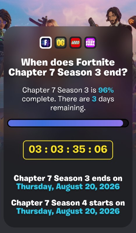 فورتنایت فارسی | Fortnite: ✨| New📆96% از Chapter 7-Season 3 گذشته و 3 روز دیگه به پایان میرسه...👍| #Fortnite • #فورتنایت_فارسی 📣 | Join Us : @Fortn