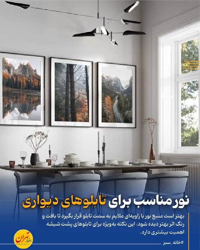اخبار تهران: ‼️نور مناسب برای تابلوهای دیواری‌🔸اگر برای تابلو یا اثر هنری نور جداگانه در نظر گرفته‌اید، چراغ را مستقیم روبه‌روی آن نص