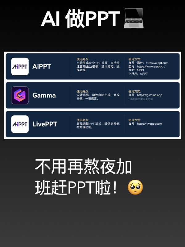 推荐2025最新最全AI工具集合，亲测好用‼️工作、生活效率提升不是一点点！收藏起来，这些工具可以帮你解决超多问题！👇1、AI聊天工具：工作、生活中遇到啥问题，先问它准没错！回答又快又全，比百度还靠谱！简直是救命稻草～✨2、AI设计：封面、海报、宣传图、名片……都不用求人了！随手就能搞定，效果专业得连朋友都惊了：“你啥时候变设计师了？”😲3、AI视频生成：做自媒体的小伙伴注意！再也不用满网找素材了，想要啥视频直接生成，省时又省力，太香了！🤩4、AI视频剪辑：自动识别、自动剪辑，嘎嘎快还嘎嘎好用！你只需要动动手指，成片就出来了，简直就是剪辑小白的神器！🎉5、AI辅导作业：孩子作业不会？不用慌！AI工具直接手把手教解题，清楚到你都想回去上学了，家长终于可以喘口气啦！😌6、AI做PPT：年底PPT赶不完？不存在的！一键生成PPT，甚至上传文档也能自动做好，直接跟熬夜加班说拜拜～💤7、AI音乐：把你的emo、灵感随手输入，AI帮你生成一首原创歌曲！自己也能当“音乐人”，爽爆了～🎤8、AI信息搜索：做竞品分析、市场报告都不费劲，一键生成报告+脑图，效率直接翻10倍！谁用谁知道！💼9、AI编程：小白也能用！你只需要说出需求，AI帮你生成代码，码农效率起飞，程序员的生产力神器啊～🔥资源cr：🍠@老李这样用AI推荐2025最新最全AI工具集合，亲测好用‼️工作、生活效率提升不是一点点！收藏起来，这些工具可以帮你解决超多问题！👇1、AI聊天工具：工作、生活中遇到啥问题，先问它准没错！回答又快又全，比百度还靠谱！简直是救命稻草～✨2、AI设计：封面、海报、宣传图、名片……都不用求人了！随手就能搞定，效果专业得连朋友都惊了：“你啥时候变设计师了？”😲3、AI视频生成：做自媒体的小伙伴注意！再也不用满网找素材了，想要啥视频直接生成，省时又省力，太香了！🤩4、AI视频剪辑：自动识别、自动剪辑，嘎嘎快还嘎嘎好用！你只需要动动手指，成片就出来了，简直就是剪辑小白的神器！🎉5、AI辅导作业：孩子作业不会？不用慌！AI工具直接手把手教解题，清楚到你都想回去上学了，家长终于可以喘口气啦！😌6、AI做PPT：年底PPT赶不完？不存在的！一键生成PPT，甚至上传文档也能自动做好，直接跟熬夜加班说拜拜～💤7、AI音乐：把你的emo、灵感随手输入，AI帮你生成一首原创歌曲！自己也能当“音乐人”，爽爆了～🎤8、AI信息搜索：做竞品分析、市场报告都不费劲，一键生成报告+脑图，效率直接翻10倍！谁用谁知道！💼9、AI编程：小白也能用！你只需要说出需求，AI帮你生成代码，码农效率起飞，程序员的生产力神器啊～🔥资源cr：🍠@老李这样用AI
