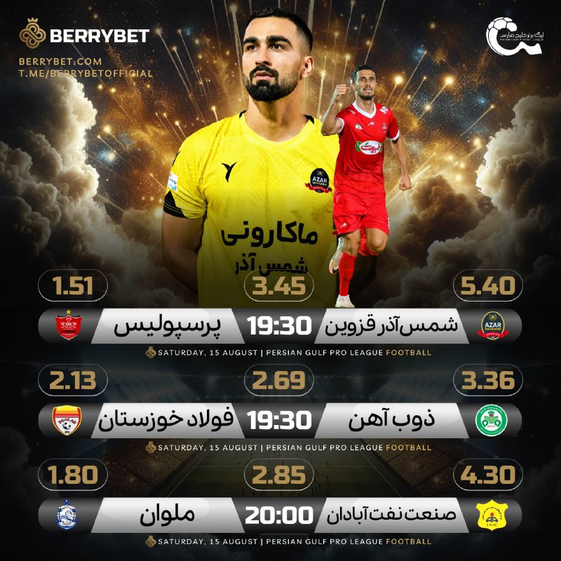 BerryBet IR Official: ⚽️ مهمترین رقابت های فوتبال ⚽️⚡️ رقابت‌های فوتبال را با بالاترین ضریب در بری بت پیش بینی کنید✅ با انواع آپشن‌های شرط بند