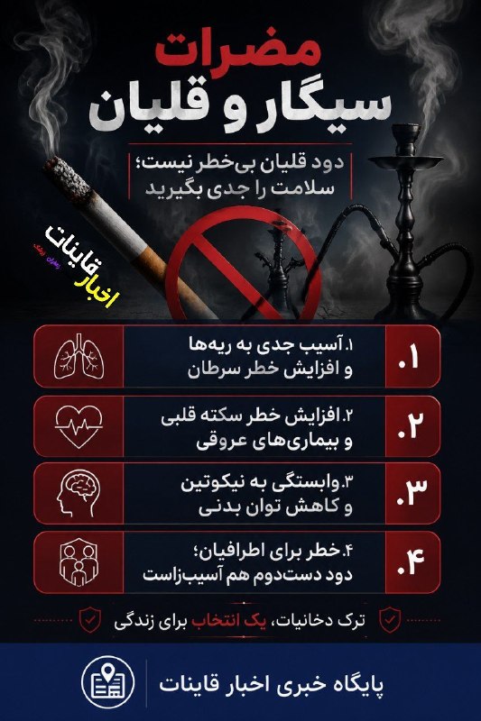 ️ اخبار قاینات: 🔴 مضرات سیگار و قلیان ⭐️ اخبار #قاینات ⭐️ 📣 @QayenNews