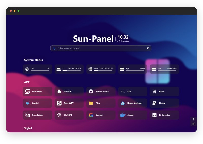 🆔  软件名称：Sun-Panel⭐️  软件功能：服务器导航面板➡️  支持平台：#Windows #Linux📁  软件简介：一个服务器、NAS导航面板、Homepage、浏览器首页工具