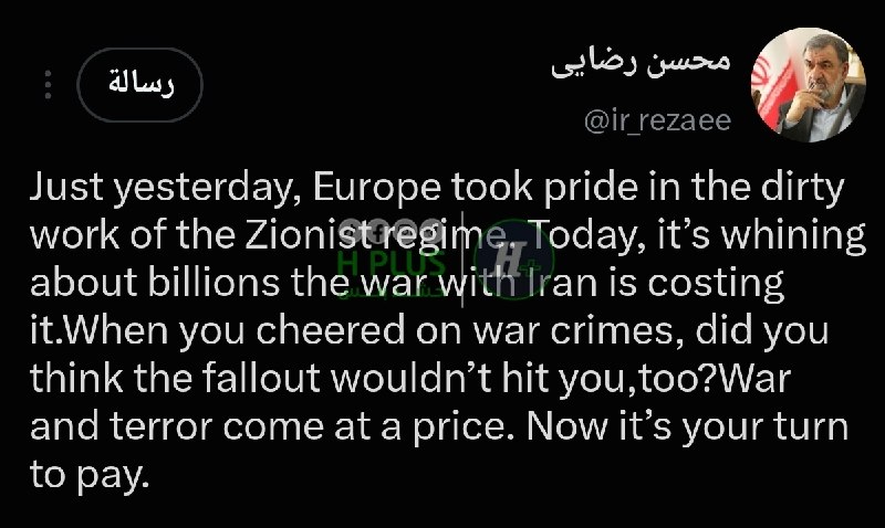 יו"ר המועצה העליונה לביטחון לאומי של איראן, מייג'ור גנרל רזאי: רק אתמול אירופה התגאתה במעשיו המלוכלכים של י…