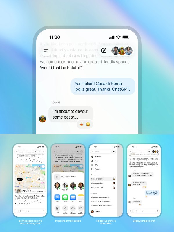 不是，Open AI 真要干社交啊前几天泄露的群聊功能上了，会先在日本、新西兰、韩国、台湾上线，免费用户也可用点击 APP 右上角的人物添加人物图表就可以邀请好友，上下文会保持并且新开一个对话模型用的是 GPT‑5.1 Auto ，会根据提问者的会员等级切换模型，一点漏洞不给钻，真有你的 Sam支持搜索、图像和文件上传、图像生成以及听写功能