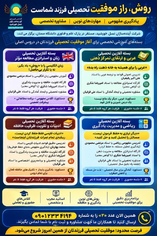 نیازمندی ها و مشاغل سمنان: 📣 شرکت آیندهسازان نسل خورشید، مستقر در پارک علم و فناوری دانشگاه سمنان، برگزار میکند:دوره آموزشی آمادگی برای سال تحصیل