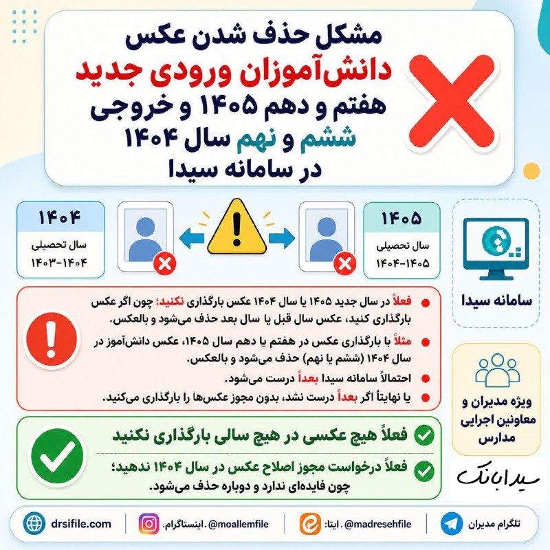 کانال اجرایی مدارس کشور: ❎ مشکل حذف شدن عکس دانش آموزان ورودی جدید هفتم و دهم ۱۴۰۵ و خروجی ششم و نهم سال ۱۴۰۴ در سامانه سیدا ♦️ فعلا در سال جدید