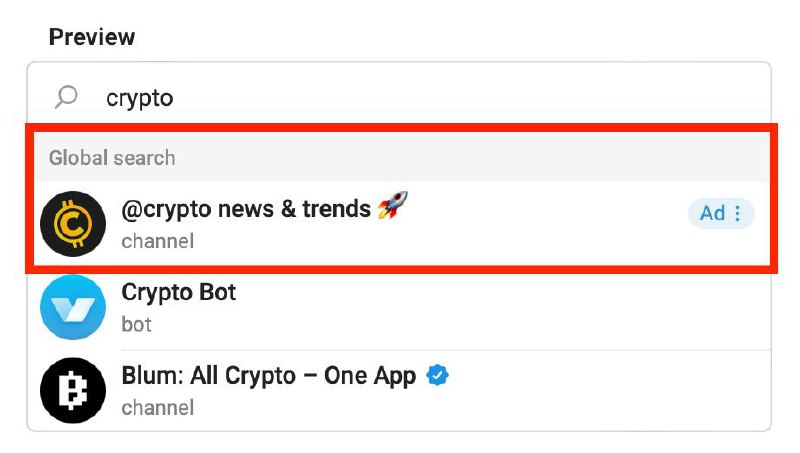 🆕 Now you can advertise in Telegram Global Search!This can help you get more subscribers for your channel, more users for your bots, and more clients overall.The feature is available in the Telegram Ads Cabinet 📱.🟥 a 1-minute video showing how it works 👉 WATCH.