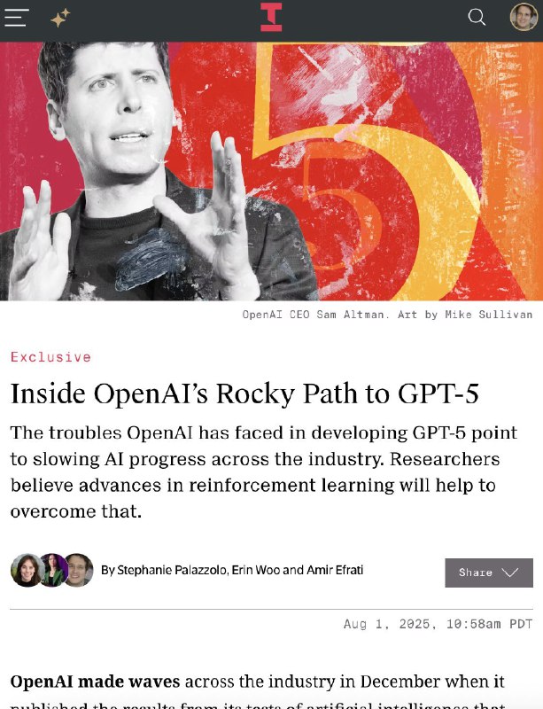 The Information 发布了一篇关于 GPT-5的爆料文章#ai创造营#详细阐述了 GPT-5 的进步点，以及 GPT-4.5 失败原因和 OpenAI 现在面临的困境和问题没会员结合几个博主的报道整理了一下👇GPT-5不再注重智能的“量子飞跃”，而是注重实用性和用户体验的提升