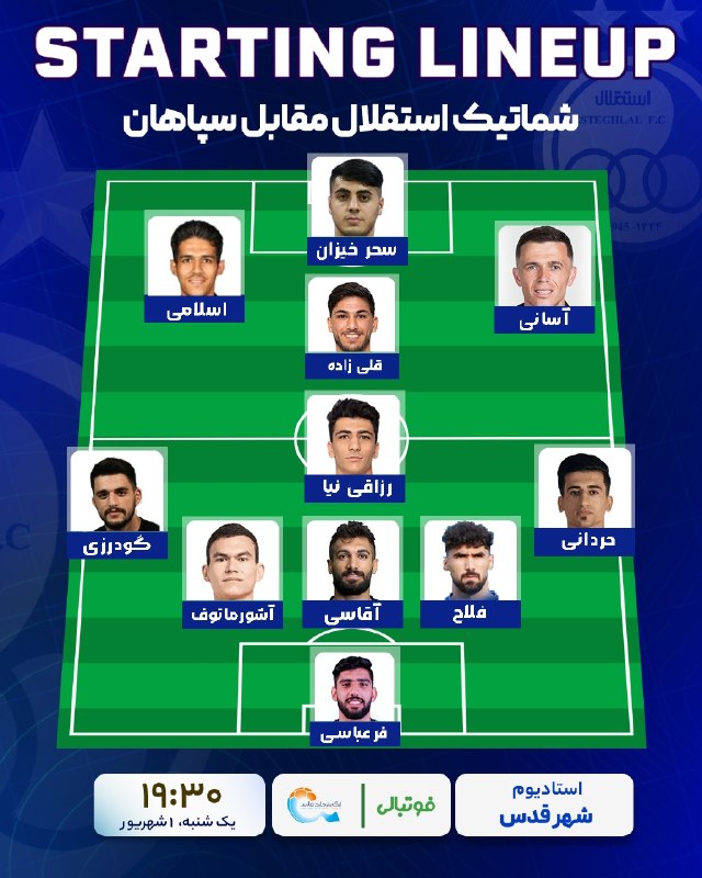 فوتبالی | Footballi.net: ⚽️⚽️ شماتیک ترکیب استقلال و سپاهان 🕐ساعت بازی ۱۹:۳۰🤩 #اختصاصی_فوتبالی ⚽️ @FootballiApp