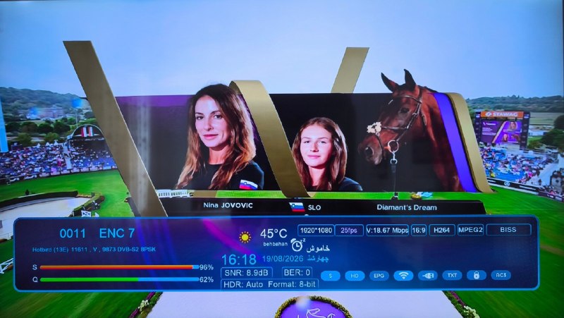ماهواره استور: فید مسابقات پرش با اسب اسلونی 📡 Eutelsat Hotbird 13B/13C/13G @ 13.0°E📶 11612 V 9875🆔 ENC 7🔑 CW: CA 19 CA AD 08 02 60 6A⬛