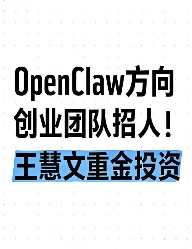 王慧文重金投资的 OpenClaw 方向团队招聘【关于我们】我们是一家面向海外市场、专注于 openclaw方向的初创公司，由美团联合创始人-王慧文重金投资