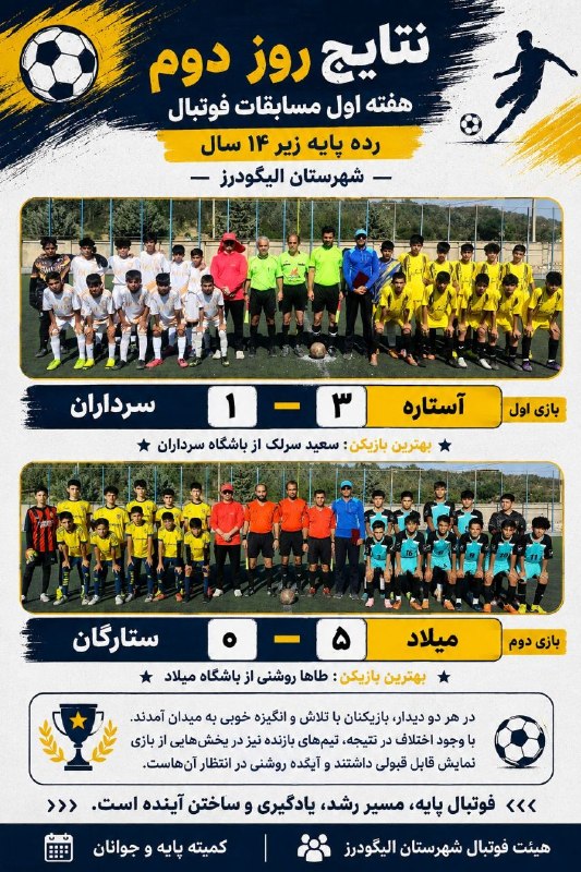 نیوز الیگودرز: ⚽️ نتایج روز دوم هفته اول مسابقات فوتبال رده پایه زیر ۱۴ سال شهرستان الیگودرزروز دوم هفته اول مسابقات فوتبال رده پایه زی