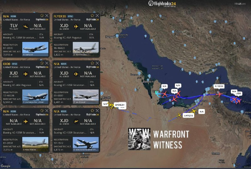 FlightRadar24: נוכחות ערה של מטוסי תדלוק ומודיעין אמריקניים במפרץ הפרסי