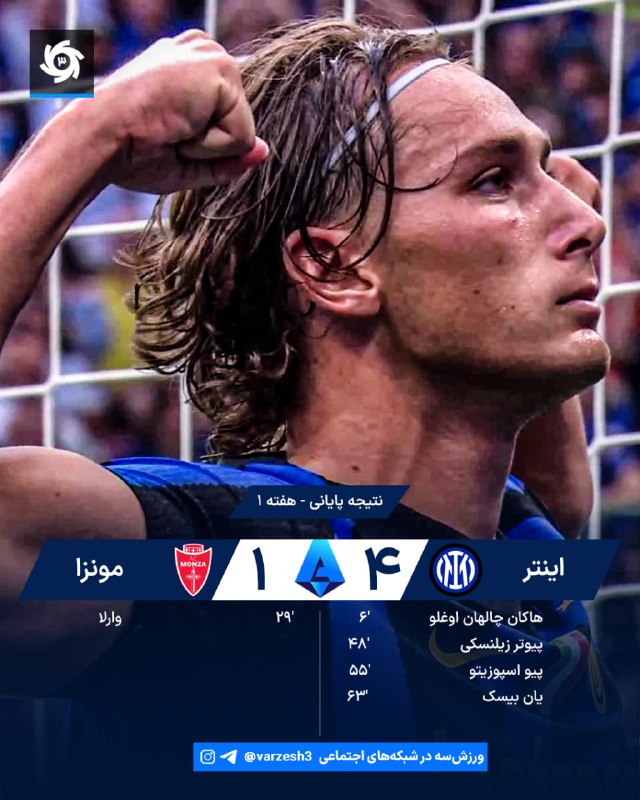 ورزش سه ✔: 🇮🇹🇮🇹 ترکیب اینتر برابر مونزا 🇮🇹 هفته 1 🏟جوزپه مه‌آتزا استادیوم ⏰ 20:00 🆔@varzesh3غرش قهرمان بی‌رحم؛مهمان زیر ۴ گل دفن شد