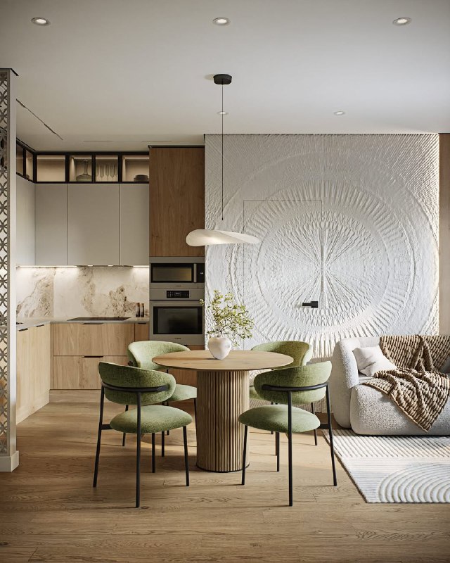 Спокойный природный интерьер кухни-гостиной с этническими нотками Автор проекта студия Атмосфера . - изображение 1 - спокойный, природный, интерьер