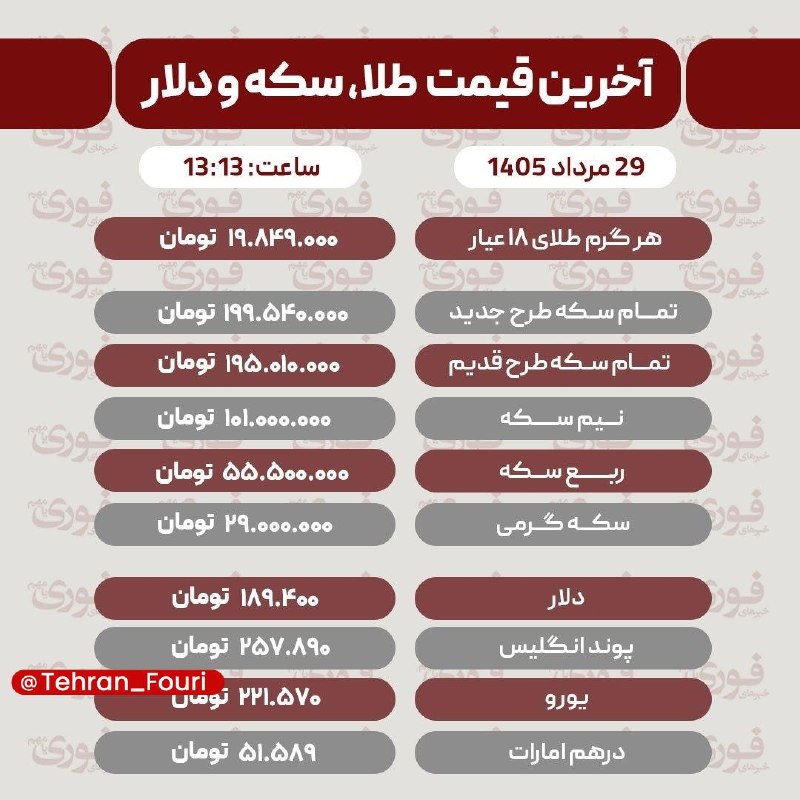 تهران فوری 🏙: آخرین قیمت طلا، سکه و ارز پنجشنبه ۲۹ مرداد🏙 @Tehran_Fouri