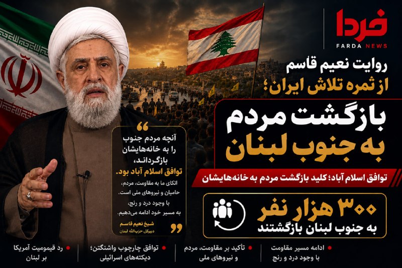 پایگاه خبری فردا: ♦️بعد از تفاهم اسلام آباد، ۳۰۰ هزار نفر به جنوب لبنان بازگشتند@Fardanews