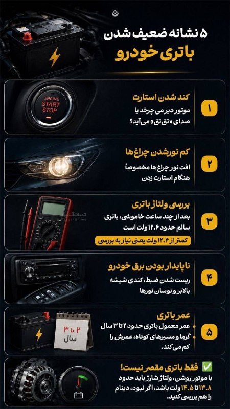 صدای خراسان: 🔸۵ نشانه ضعیف شدن باتری خودرو 🔹برخی از این نشانهها، نشان دهنده پایان عمر باتری خودرو شما هستند.@SedayeKhorasaniha