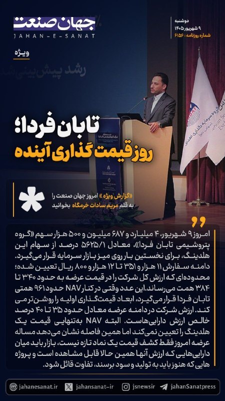 روزنامه جهانصنعت: 🟦تابان فردا؛روز قیمت گذاری آیندهامروز ۹ شهریور ۴ میلیارد و ۶۸۷ میلیون و ۵۰۰ هزار سهم گروه پتروشیمی تابان فردا، معادل ۵۶۲