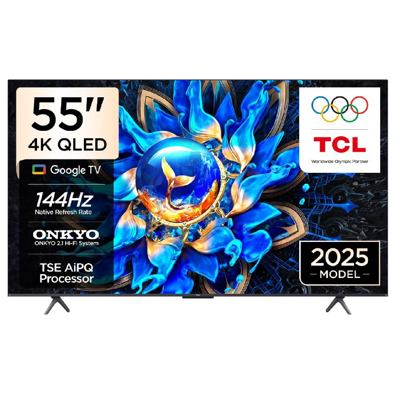 TCL 55 inç Akıllı TV 55T8C 4K QLED Renkli Quantum Crystal HDR10+ Oyun Google TV, 144Hz Doğal Yenileme Hızı, ONKYO 2.1 Hi-Fi Ses Sistemi, Dolby Atmos, DTS Virtual X, MEMC, Game Master