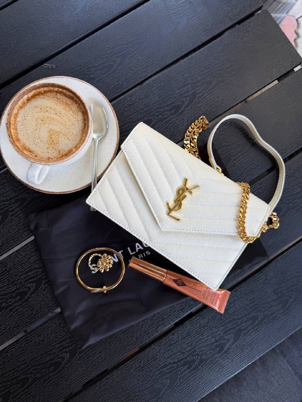 Yves Saint Laurent YSL cassandre gold chain wallet in grain de poudre embossed leather, фото 8