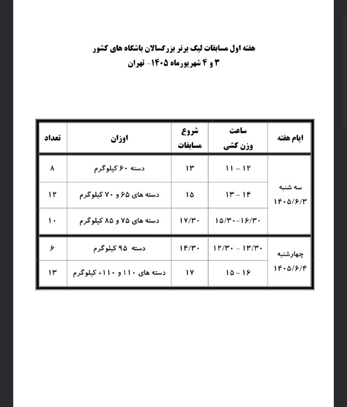 IRIWF | صفحه رسمی فدراسیون وزنه برداری جمهوری اسلامی ایران: برنامه هفته اول لیگ برتر بزرگسالان باشگاه های کشور۳ و ۴ شهریور ماه ۱۴۰۵- تهران سالن شهدای ناو دنا
