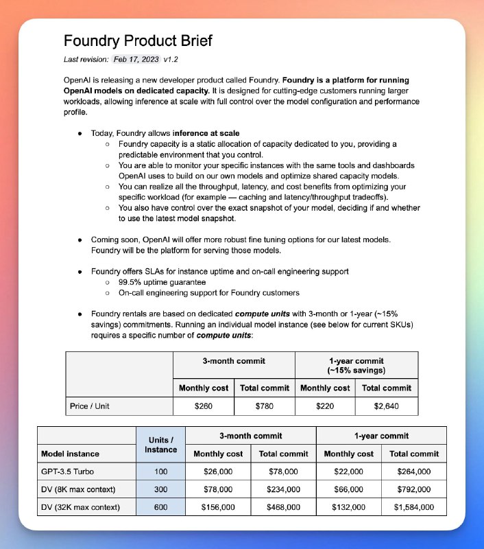 RT Nathan LabenzOpenAI's leaked Foundry pricing says a lot – if you know how to read it – about GPT4, The Great Implementation, a move from Generative to Productive AI, OpenAI's safety & growth strategies, and the future of work.Another AI-obsessive megathread on what to expect in 2023 🧵