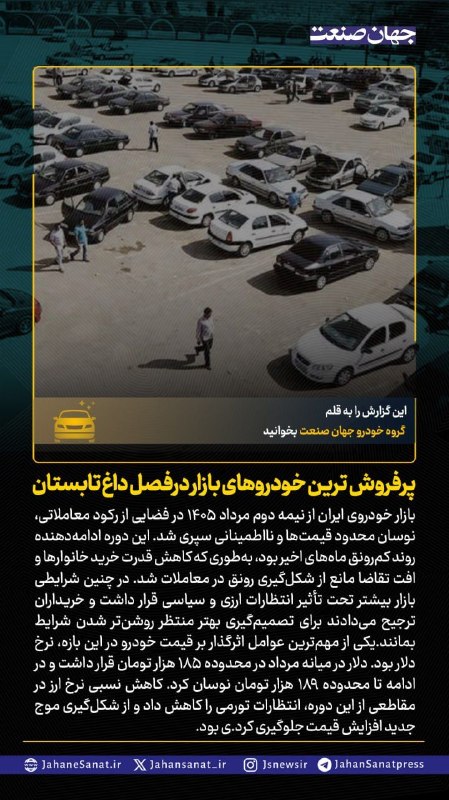 روزنامه جهانصنعت: 🟦پرفروش ترین خودروهای بازار در فصل داغ تابستان#جهان_صنعت گزارش میدهد؛بازار خودروی ایران از نیمه دوم مرداد ۱۴۰۵ در فضایی