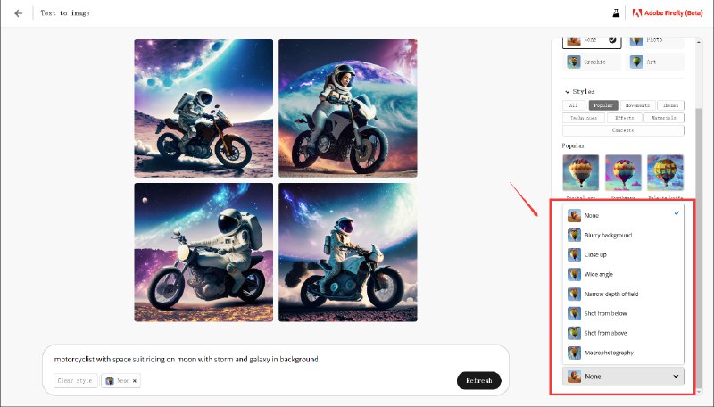 会陆续在这条更新 Adobe Firefly 的测评，目前只开放了图1的两个版块，宣传视频里的80%的功能还没开放