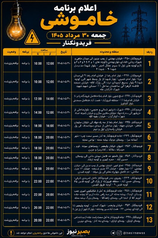 بصیرنیوز: 🔌 اعلام برنامه خاموشی جمعه ۳۰ مرداد ۱۴۰۵ فریدونکنار#بصیرنیوز 👉 @basirnewss
