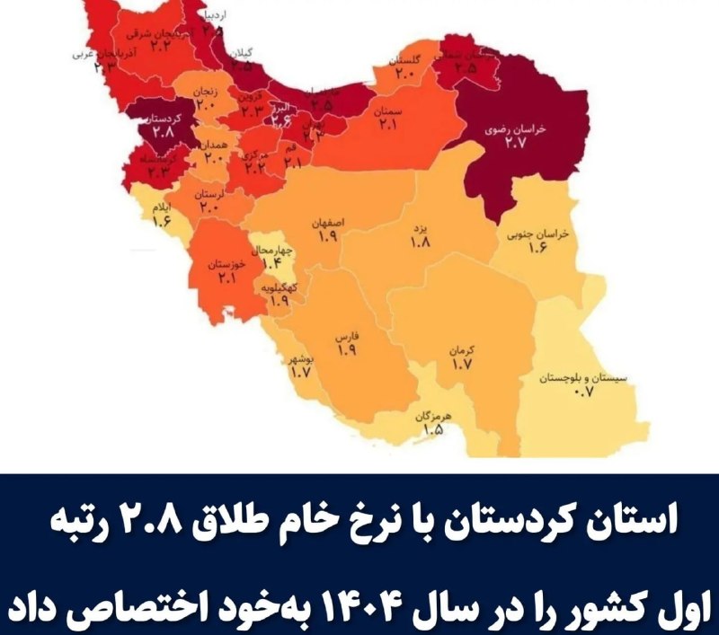 میدیای سەربەرزی: ❗️سنه رتبه اول طلاق در کشور🔹براساس دادههای ثبت احوال، در سال ۱۴۰۴ نرخ خام طلاق در ایران برابر ۲.۱ بوده و در هر ۱۰۰۰ نفر