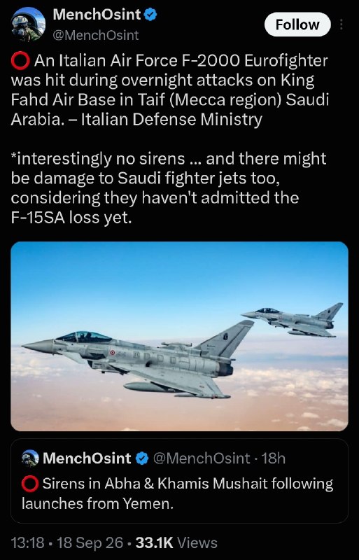 An F-2000 Eurofighter of the Italian Air Force was damaged during the night attacks on the Malek Fahd Air Base in Taif (Mecca area) in Saudi Arabia. Italian Ministry of Defense