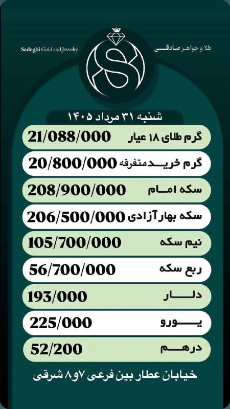 شاهین شهر وند: 📌 قیمت #طلا و #ارز ٣١ مرداد 🔹 اسپانسر : طلا و جواهر صادقی✅ شاهین شهروند @shahinshahrnews | shahinshahrvand.ir