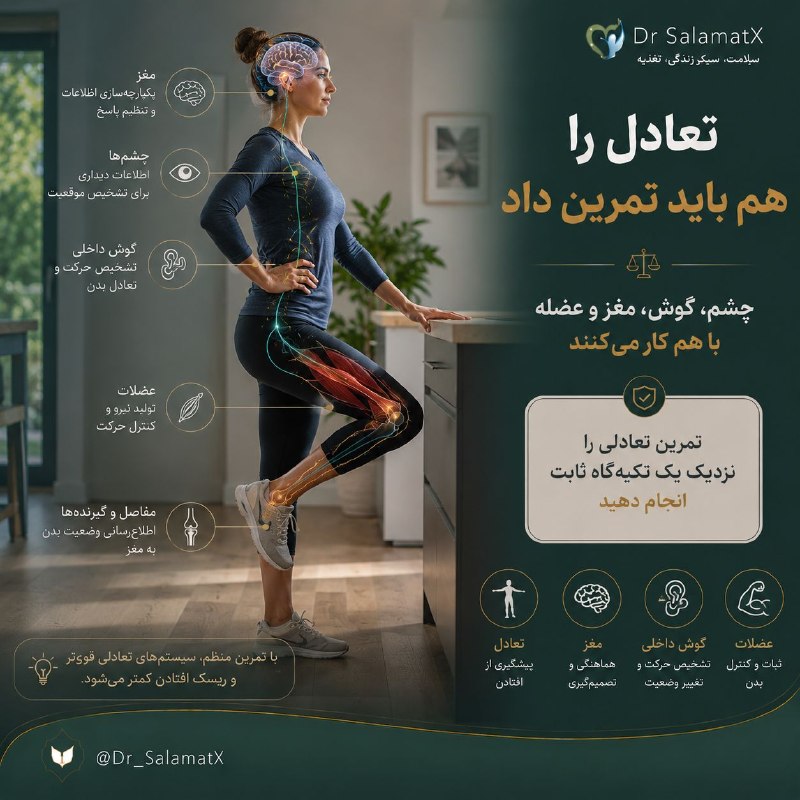 🍎 رسانه دکتر سلامت 🍏: 🦵 پاهایت فقط برای راه رفتن نیستند؛ تعادل را هم می‌سازند🧘 تعادل نتیجه همکاری چشم‌ها، گوش داخلی، مغز، عضلات و مفاصل است. ت