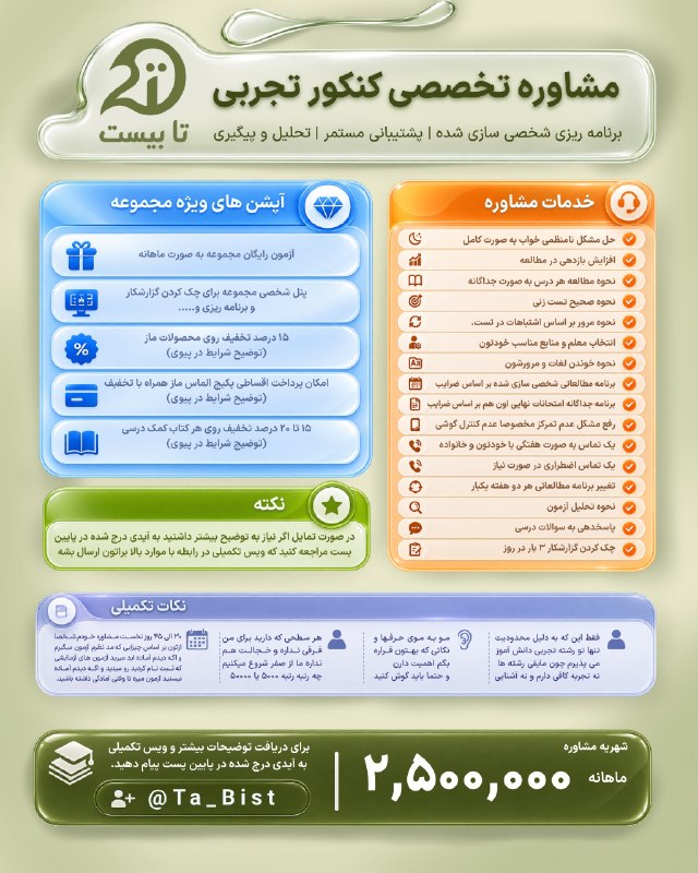پته مته | Patemate: 🤔 خب این هم آپشنهای مشاوره مجموعه ما خدمتتون که با اجازهتون بریم واسه جذب اول دانشآموز برای کنکور ۱۴۰۶.😤 ظرفیت جذب او
