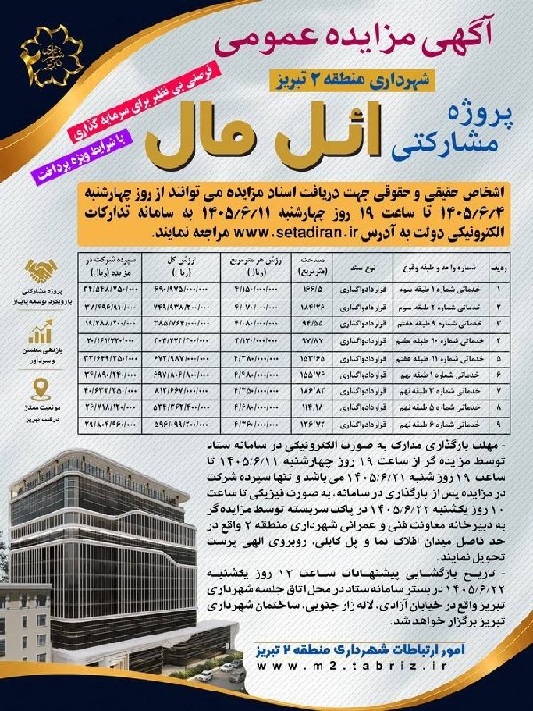 عصرتبریز: آگهی مزایده عمومی پروژه ائل مال منتشر شدفرصتی بینظیر برای سرمایهگذاری مطمئنشهردارى منطقه ٢ تبريز در نظر دارد تعدادى از