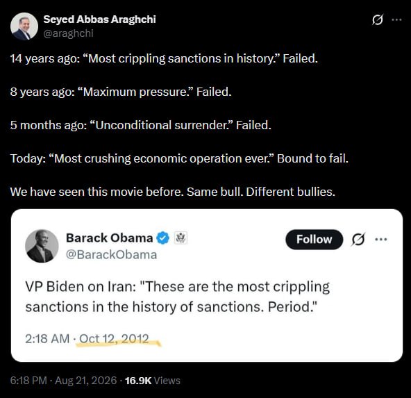 توئیتر داغ خبری (اخبار جنگ ایران وآمریکا ): ‼️〰️🇮🇷❌🇺🇸 سید عباس عراقچی:۱۴ سال پیش: «سختگیرانهترین تحریمهای تاریخ.» شکست خورد.۸ سال پیش: «فشار حداکثری.» شکست خورد.