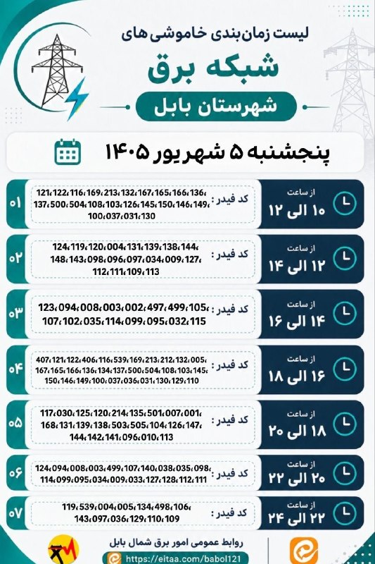 💬 بابل نیوز: ⚡️ لیست زمان‌بندی خاموشی‌های شبکه برق شهرستان بابل📅 پنجشنبه ۵ شهریور ۱۴۰۵چهارشنبه ، ۴ شهریور ۱۴۰۵.کانال #بابل_نیوز بَله 