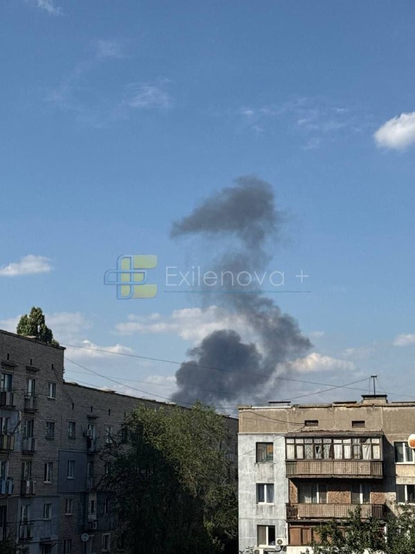 Ukrainian strike drones attacked Karpaty near Russian-occupied Alchevsk in Luhansk region. A column of smoke rising over the area after several explosions.