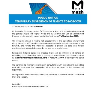 Авиакомпания Air Tanzania приостановила полёты в Россию из-за соображений безопасности — с 4 сентября. Сроки возобновления пока неизвестны.Перевозчик выполнял прямые рейсы три раза в неделю — только во Внуково. Причём направление запустили совсем недавно: 