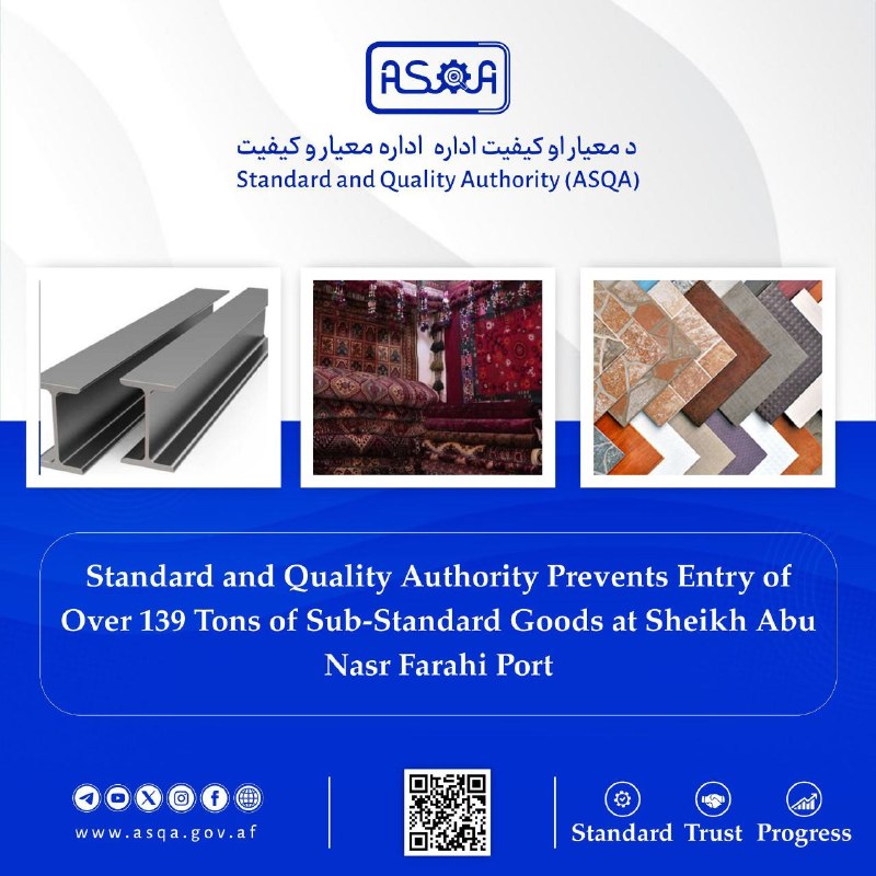 بی تعارف: بر اساس اعلام اداره معیار و کیفیت افغانستان، بیش از 139 تن کالاهای وارداتی از ایران ( تیرآهن، کاشی، سرامیک و فرش)، به عل