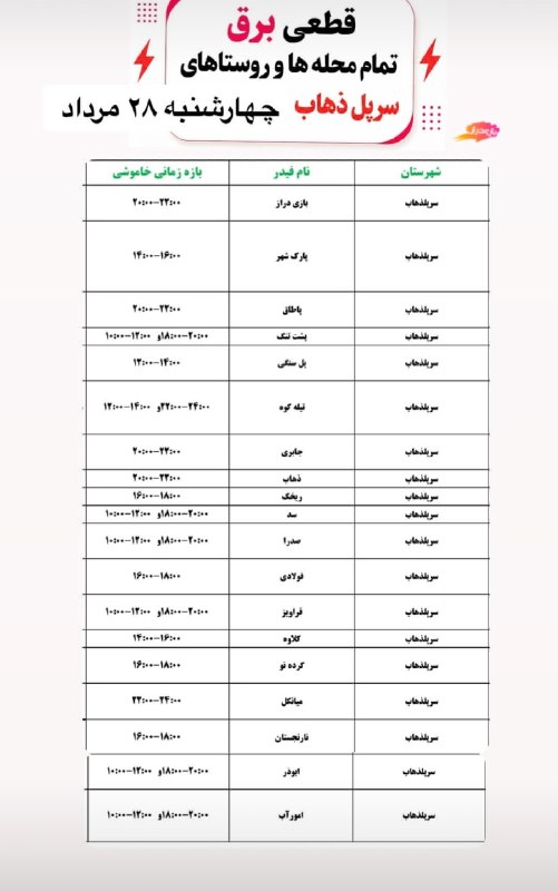 بازی دراز: 🔻برنامه قطعی برق تمام محله ها و روستاهای سرپل ذهاب در روز چهارشنبه ۲۸ مرداد۱۴۰۵🚀بروز ترین اخبار جنگ رو اینجا ببیند🇮🇷 @ba