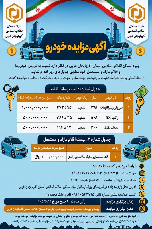 كانال مردم اورميه: 🔹آگهی مزایده خودروهای بنیاد مسکن منتشر شد◾️زمان: ۱۰ صبح پنجشنبه ۱۲ شهریور◾️مکان: جاده دریا، روستای بوراشان، انبار بنیاد