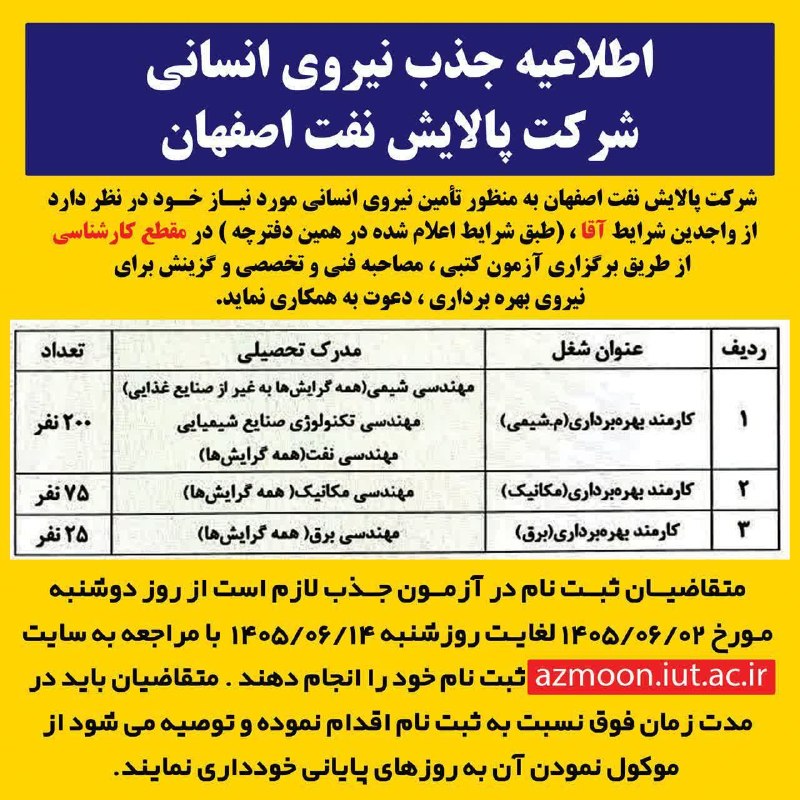زواره نیوز: 🔊 اطلاعیه استخدام شرکت پالایش نفت اصفهان💢 شرکت پالایش نفت اصفهان جهت تأمین نیروی انسانی مورد نیاز خود در مقطع کارشناسی (