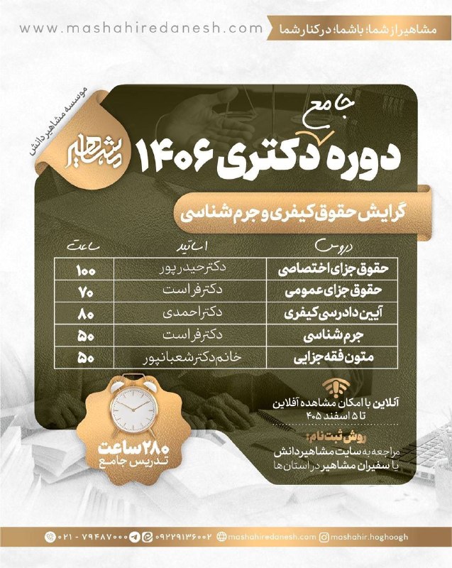 موسسه مشاهیردانش: ✅جلسه اول حقوق جزا اختصاصی دوره جامع دکتری ۴۰۶با تدریس: دکتر حیدرپور🎁هدیه موسسه مشاهیر به داوطلبین سراسر کشور⏰زمان: شنبه