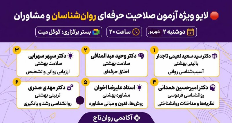 کنکور ارشد و دکتری روانشناسی (آکادمی روانتاج 👑): 🛑 لایو ویژه آزمون صلاحیت حرفهای روانشناسان🎙 میزبان و مدیر لایو:دکتر سید سعید نعیمی تاجدار🏆 رتبه ۱ دکتری روانشناسی ۱۴۰