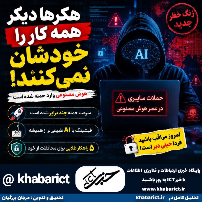 اخبار ارتباطات و فناوری: 🚨 هکرها دیگر همه کار را خودشان نمیکنند؛ AI وارد حمله شده است!نسل جدید حملات سایبری در حال تغییر است؛ هوش مصنوعی میتوان