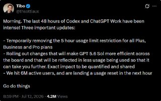 OpenAI Temporarily Lifts the Five-Hour Usage Cap on GPT-5.6 Sol and Codex After a Demand Surge
